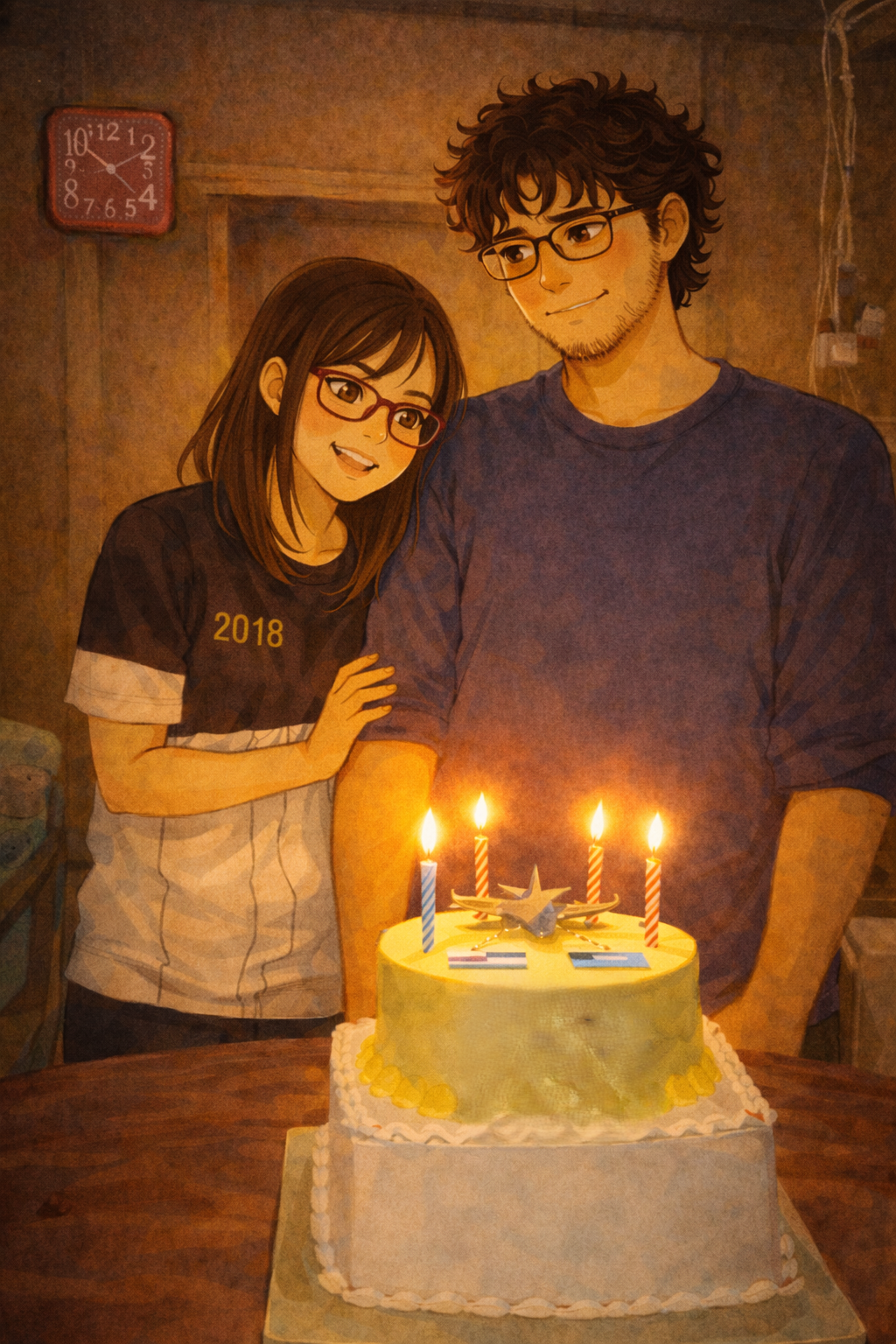 Faris and Mia standing together for a photo at the farewell party, tears in his eyes. The cake with Saudi and Sabahan flags between them.